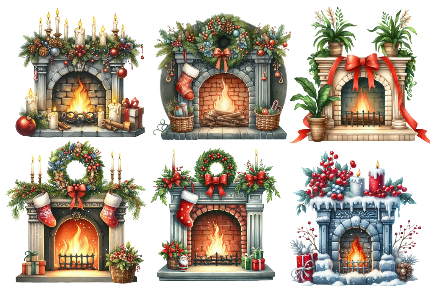 Christmas Fireplace Clipart PNG Bundle | Watercolor Cozy Christmas Fireplace Clipart | Holiday Fireplace Sublimation PNG