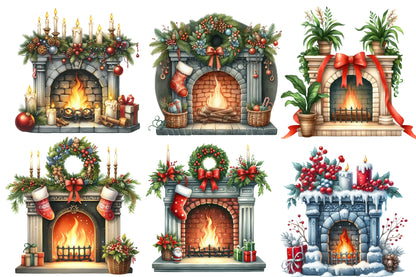 Christmas Fireplace Clipart PNG Bundle | Watercolor Cozy Christmas Fireplace Clipart | Holiday Fireplace Sublimation PNG