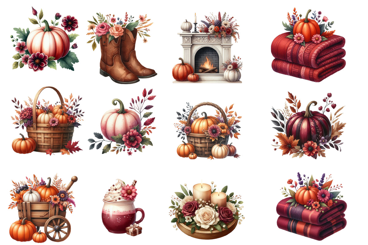 Fall Watercolor Clipart PNG Bundle | Cozy Autumn Clipart | Thanksgiving Sublimation