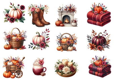 Fall Watercolor Clipart PNG Bundle | Cozy Autumn Clipart | Thanksgiving Sublimation
