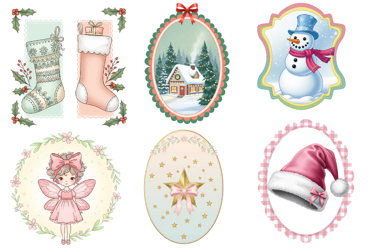 Christmas Frame Clipart PNG Bundle | Winter House, Snowman, Deer, Christmas Stockings, Candy Cane, Santa Hat & Floral Frames