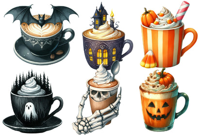 Halloween Coffee Latte Clipart PNG Bundle | Spooky Coffee Cup PNG, Pumpkin Latte Clipart
