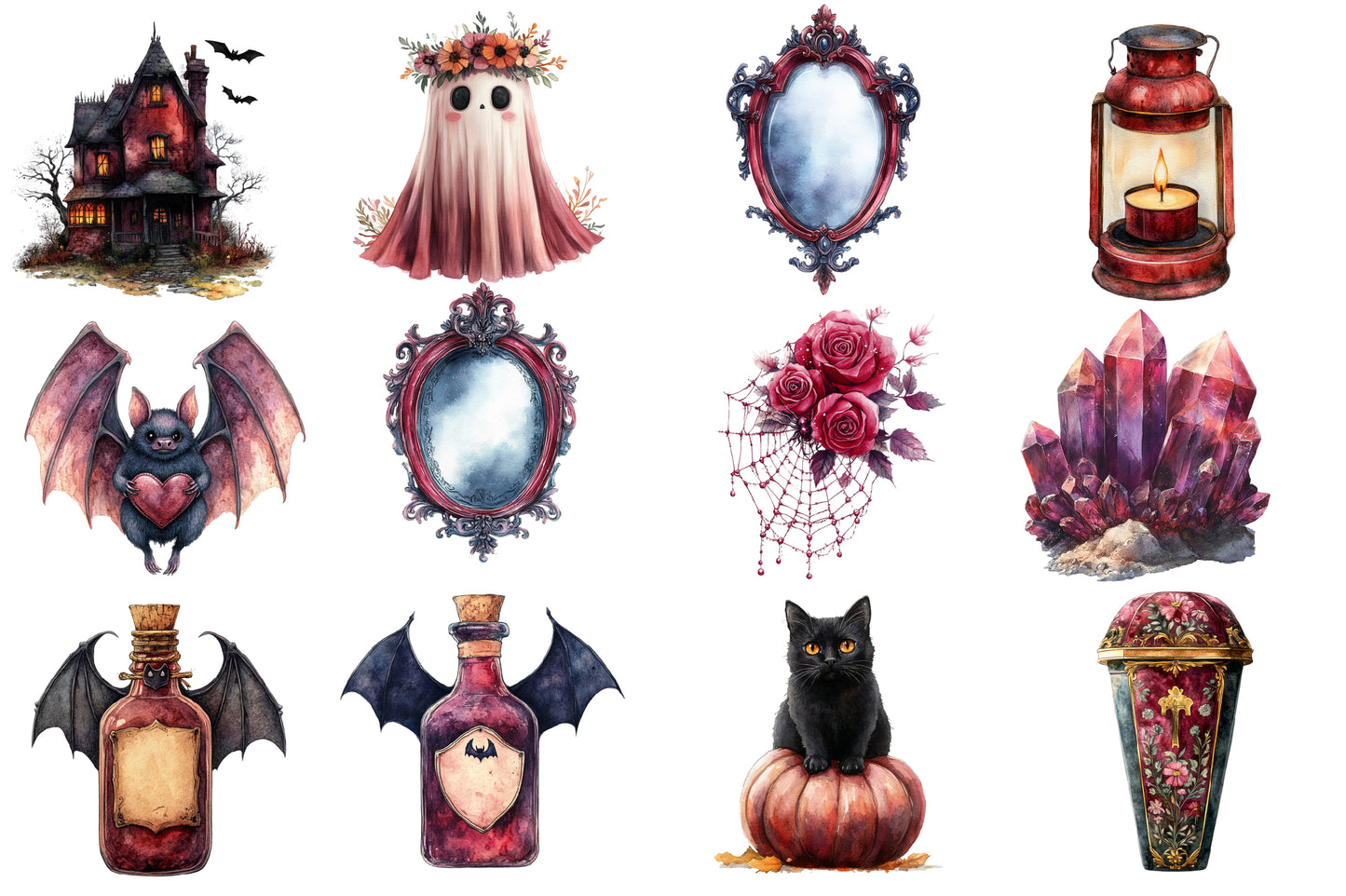 Burgundy Halloween Watercolor Clipart PNG Bundle | Gothic Halloween PNG | Dark Witch Clipart | Halloween Sublimation