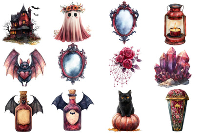 Burgundy Halloween Watercolor Clipart PNG Bundle | Gothic Halloween PNG | Dark Witch Clipart | Halloween Sublimation