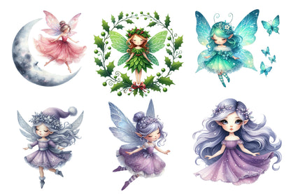 Christmas Fairies Clipart PNG Bundle | Watercolor Enchanted Christmas Fairy Clipart | Magical Holiday Sublimation PNG