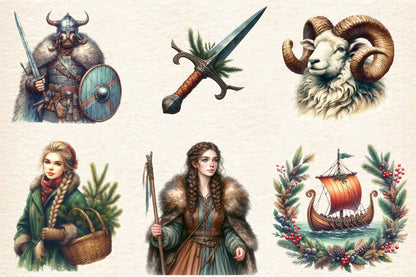 20 Christmas Antique Viking PNG Clipart Bundle Nordic Warrior Ram