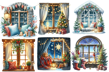 Christmas Cozy Window Clipart PNG Bundle | Watercolor Warm Winter Window Clipart | Festive Holiday Sublimation PNG