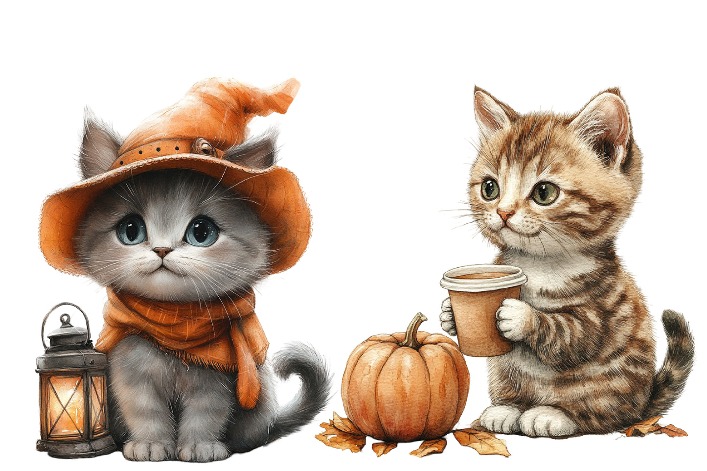 Watercolor Autumn Cat Clipart PNG Bundle | Cozy Fall Cats, Pumpkin, Leaves, Sweater & Cute Kitty Sublimation