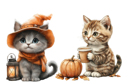 Watercolor Autumn Cat Clipart PNG Bundle | Cozy Fall Cats, Pumpkin, Leaves, Sweater & Cute Kitty Sublimation