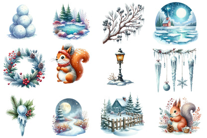 Christmas Winter Clipart PNG Bundle | Watercolor Winter Christmas Clipart | Cozy Snowy Holiday Sublimation PNG