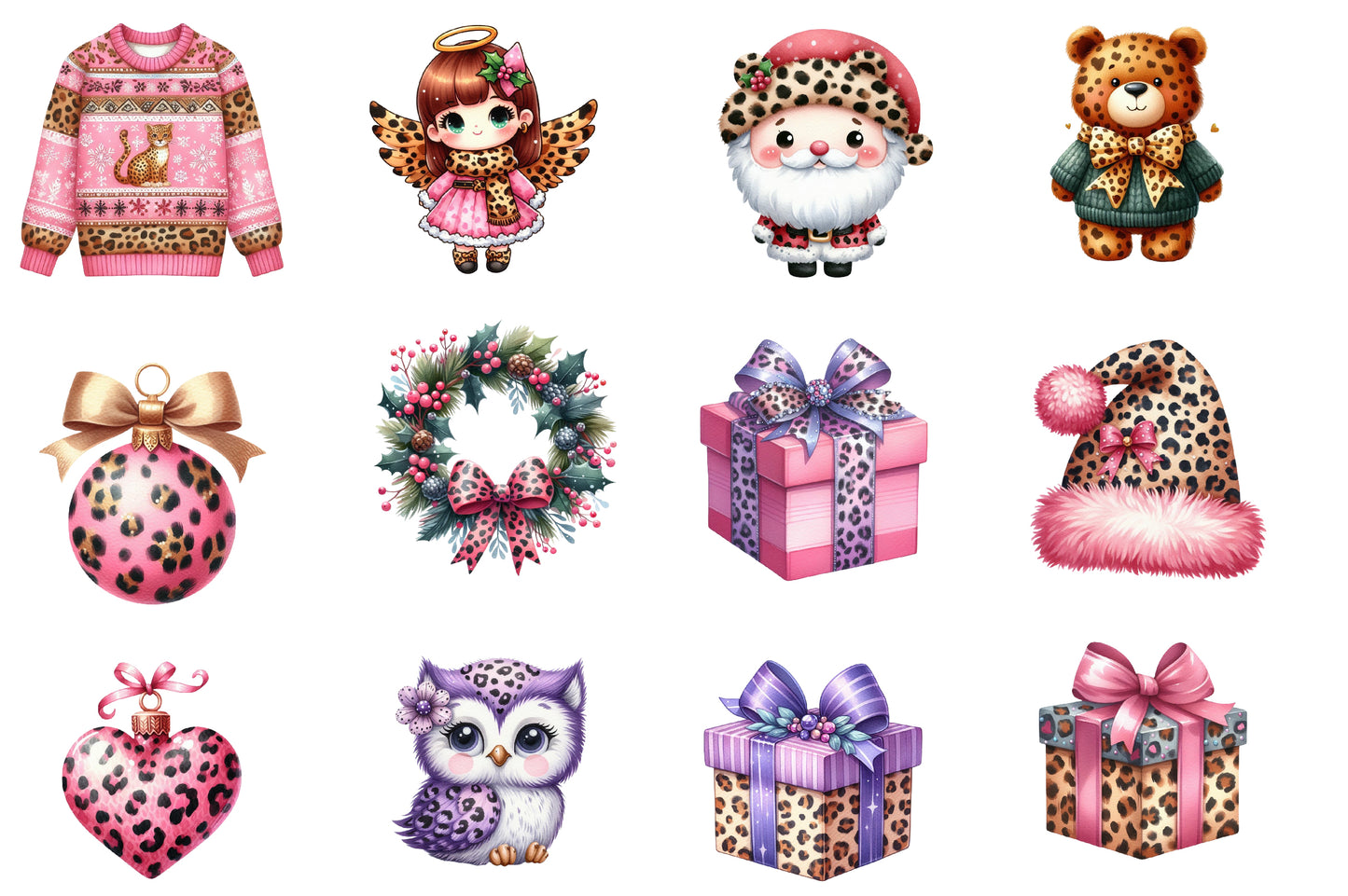 Kawaii Pink Leopard Christmas Watercolor Clipart PNG Bundle | Cute Animal Print Holiday Clipart | Pink Christmas Sublimation PNG