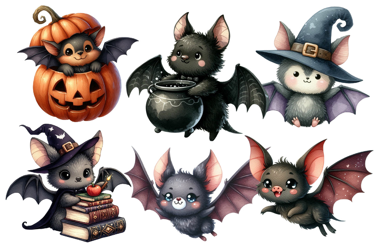 Halloween Bats Clipart PNG Bundle | Cute Bat PNG, Witch Bat Clipart, Kawaii Halloween Bat, Spooky Bat Sublimation