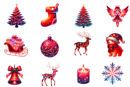 Red Neon Christmas Clipart PNG Bundle | Glowing Christmas PNG | Neon Holiday Sublimation