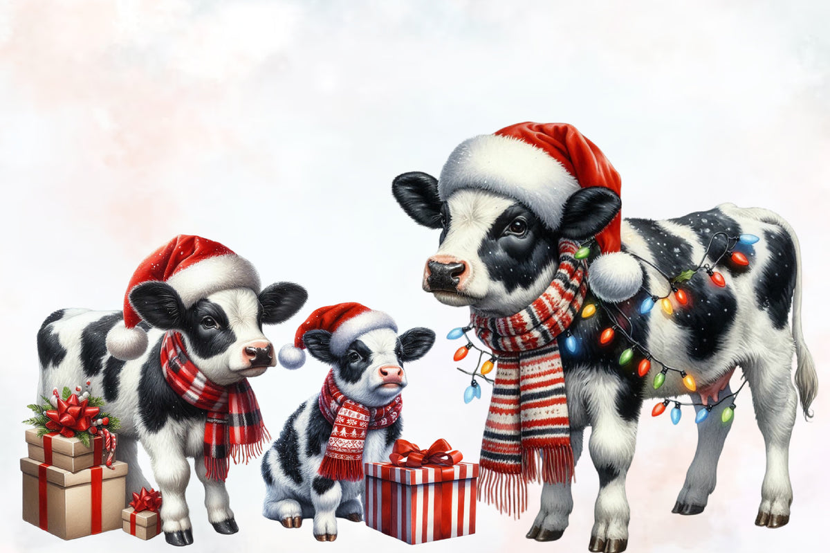 Christmas Cows PNG Clipart Bundle Watercolor Santa Cow Holiday Farm Animal
