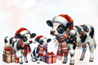 Christmas Cows PNG Clipart Bundle Watercolor Santa Cow Holiday Farm Animal