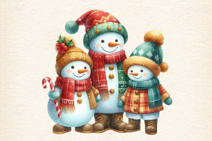 Christmas Snowman Family PNG Clipart Bundle | Watercolor Cute Snowman, Snow Family, Winter Holiday Designs