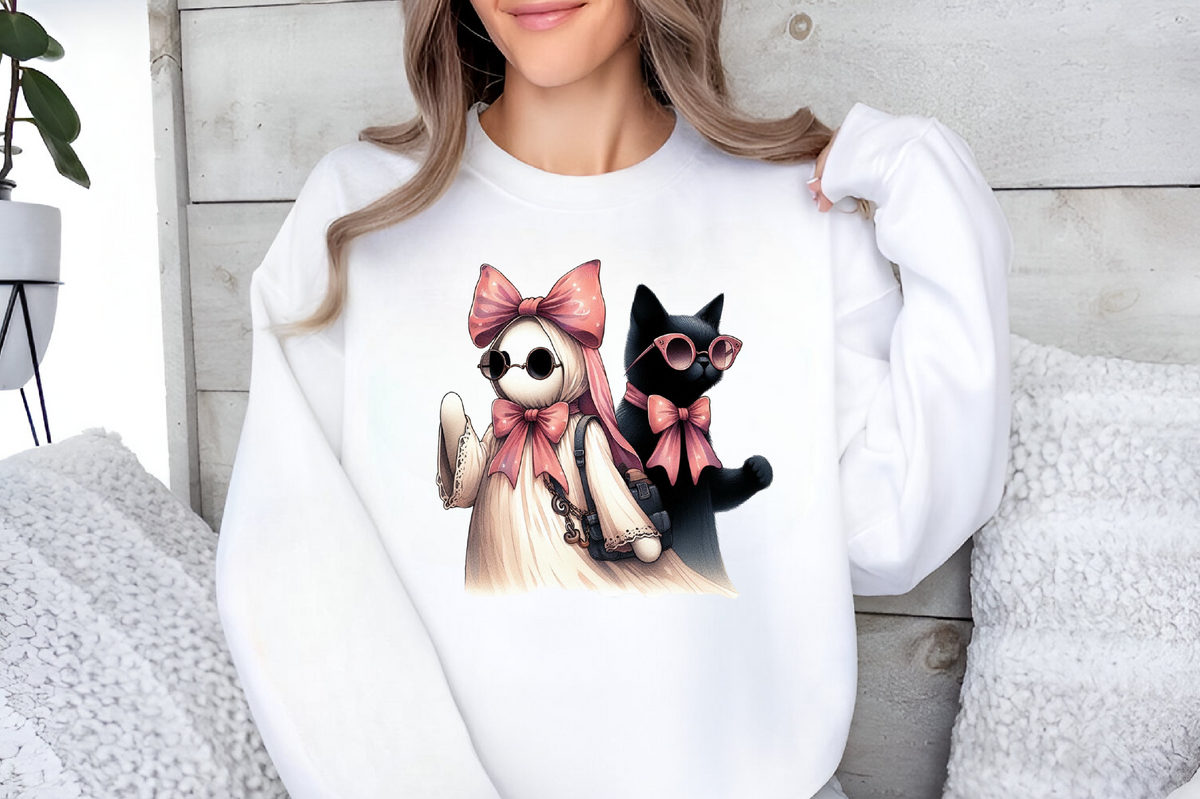 Cute Halloween Ghost Cat PNG Pink Bow Spooky Girl Clipart