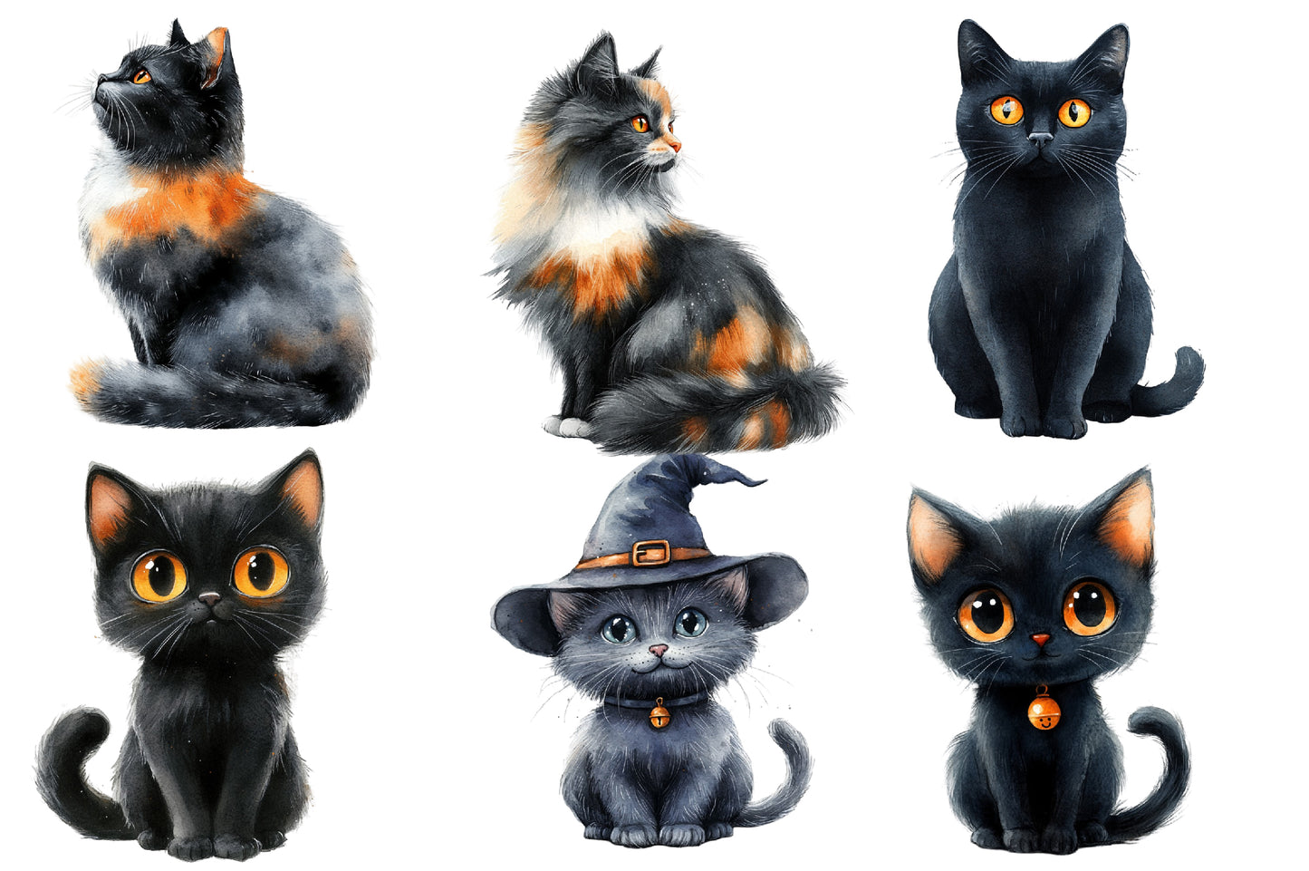 Halloween Black Cat Clipart PNG Bundle | Black Cat Halloween PNG, Witch Cat Clipart,