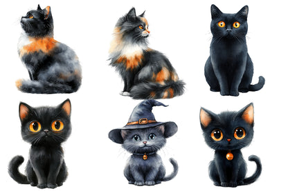 Halloween Black Cat Clipart PNG Bundle | Black Cat Halloween PNG, Witch Cat Clipart,