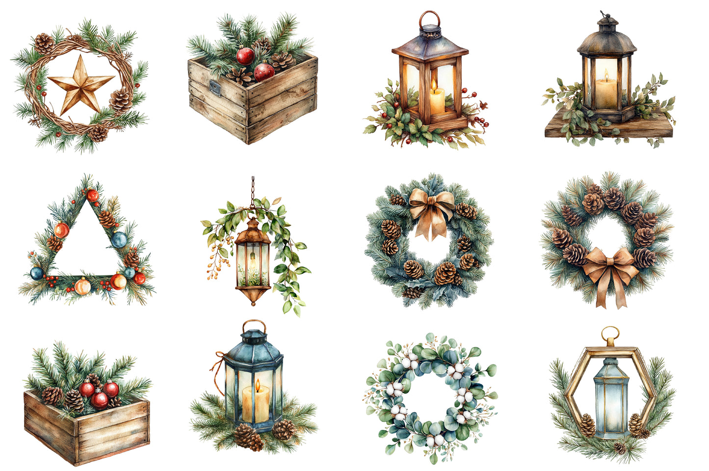 Boho Christmas Clipart PNG Bundle | Neutral Watercolor Christmas Clipart | Rustic Bohemian Holiday PNG