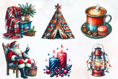 Christmas Red & Blue Camping PNG Bundle 21 Watercolor Clipart