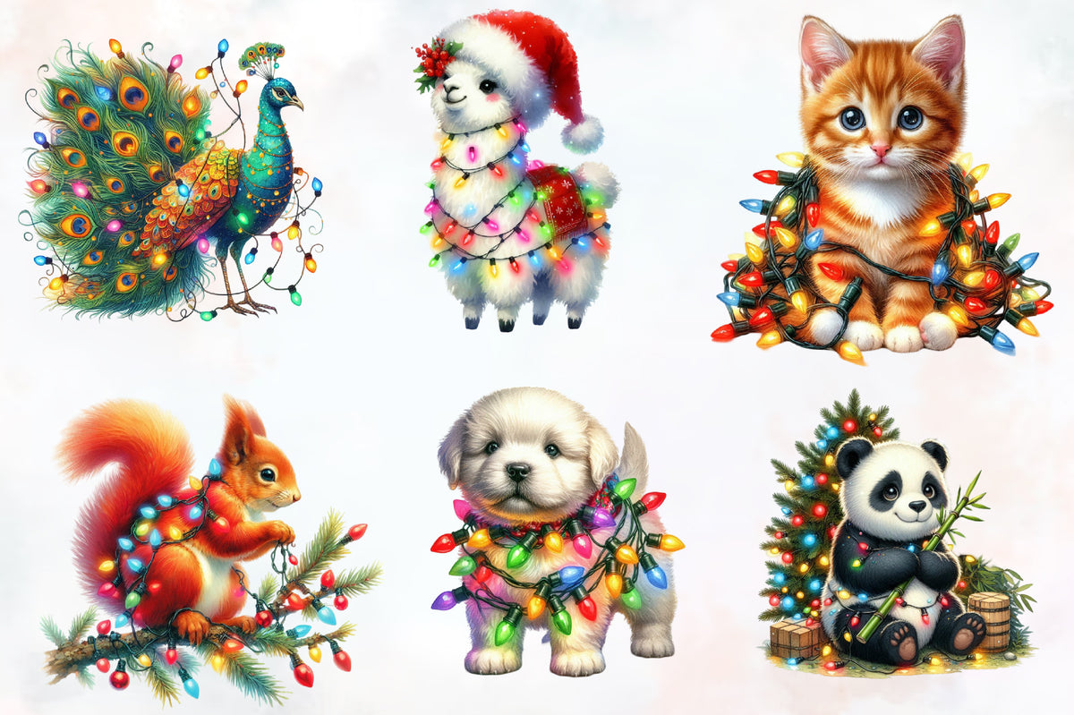 22 Christmas Light Animal PNG Watercolor Clipart Bundle Holiday Animals