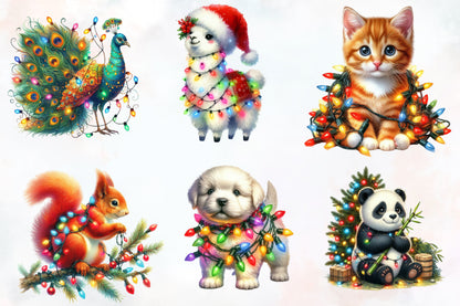 22 Christmas Light Animal PNG Watercolor Clipart Bundle Holiday Animals