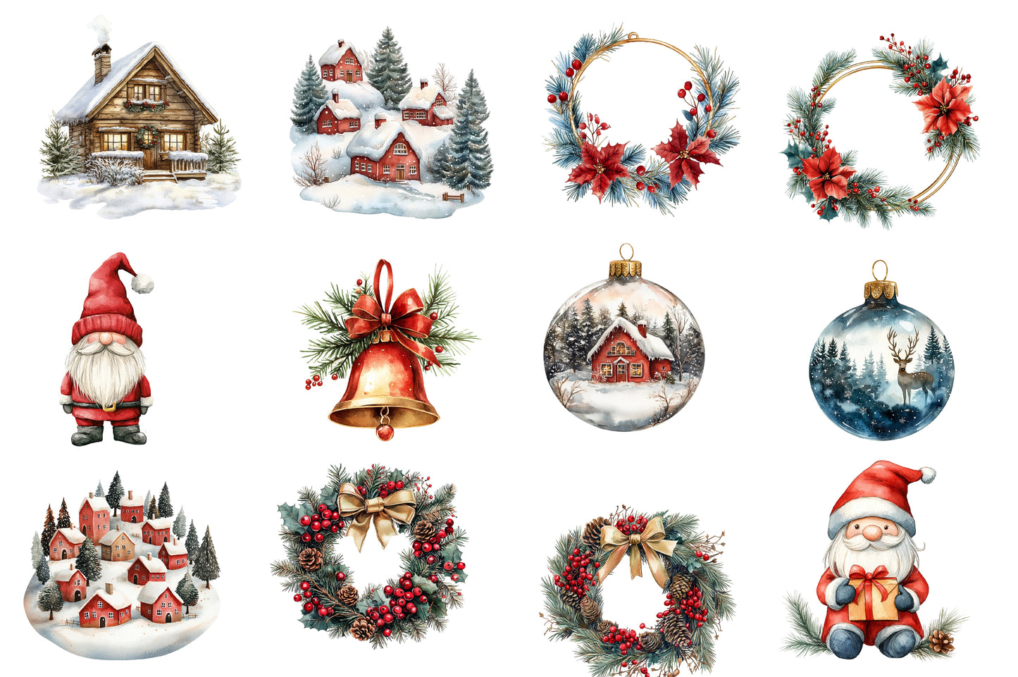 Traditional Christmas Watercolor Clipart PNG Bundle | Christmas Village PNG | Christmas Ornament Sublimation