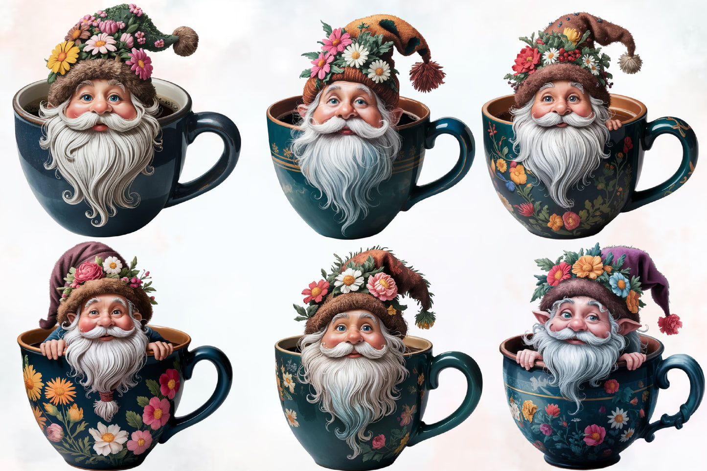 Christmas Coffee Cup Gnome PNG Clipart Bundle | Watercolor Santa Gnome Coffee Mug Designs, Floral Holiday Gnomes