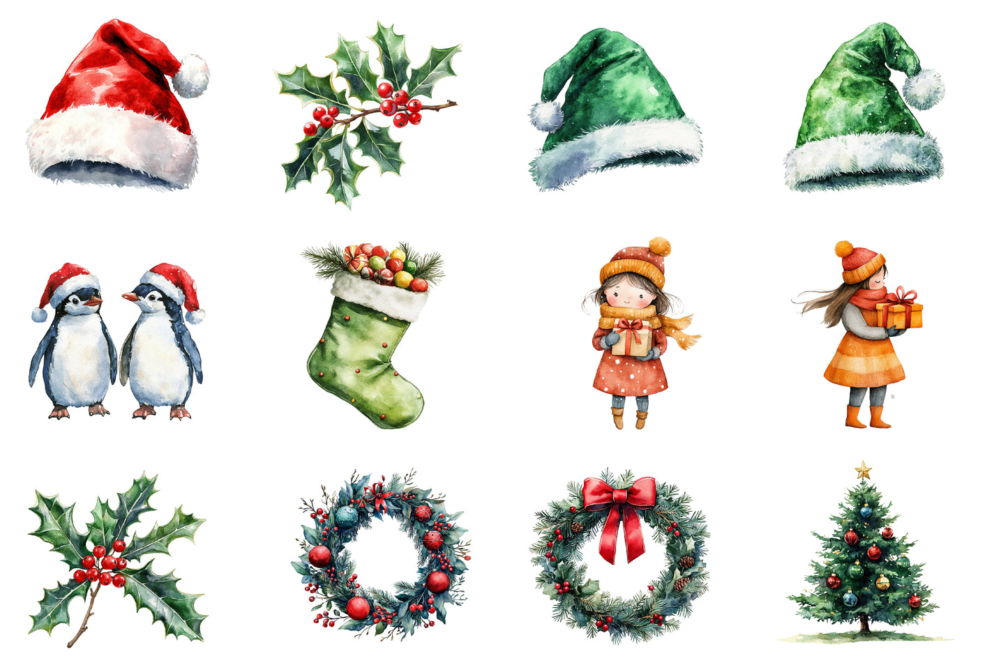 Christmas Clipart PNG Bundle | Watercolor Festive Holiday Clipart | Christmas Sublimation PNG Collection