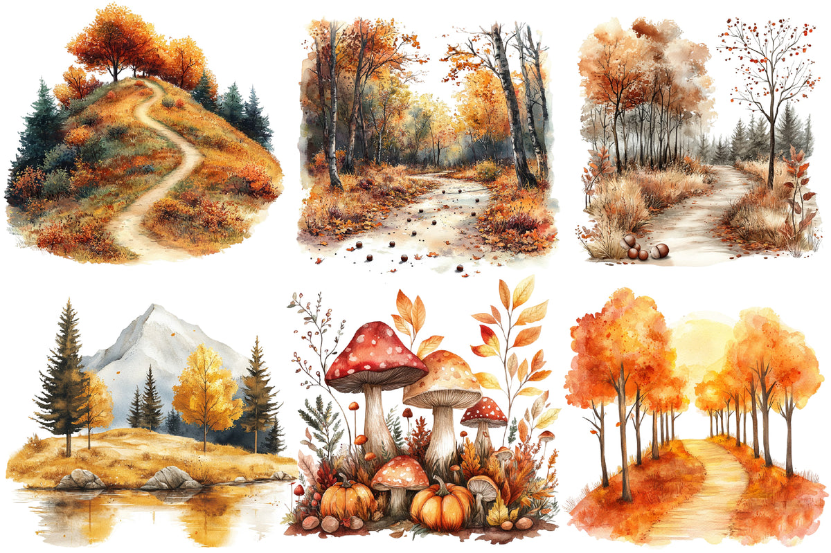 Fall Scenery Watercolor Clipart PNG Bundle | Autumn Landscape Nature Clipart | Fall Sublimation