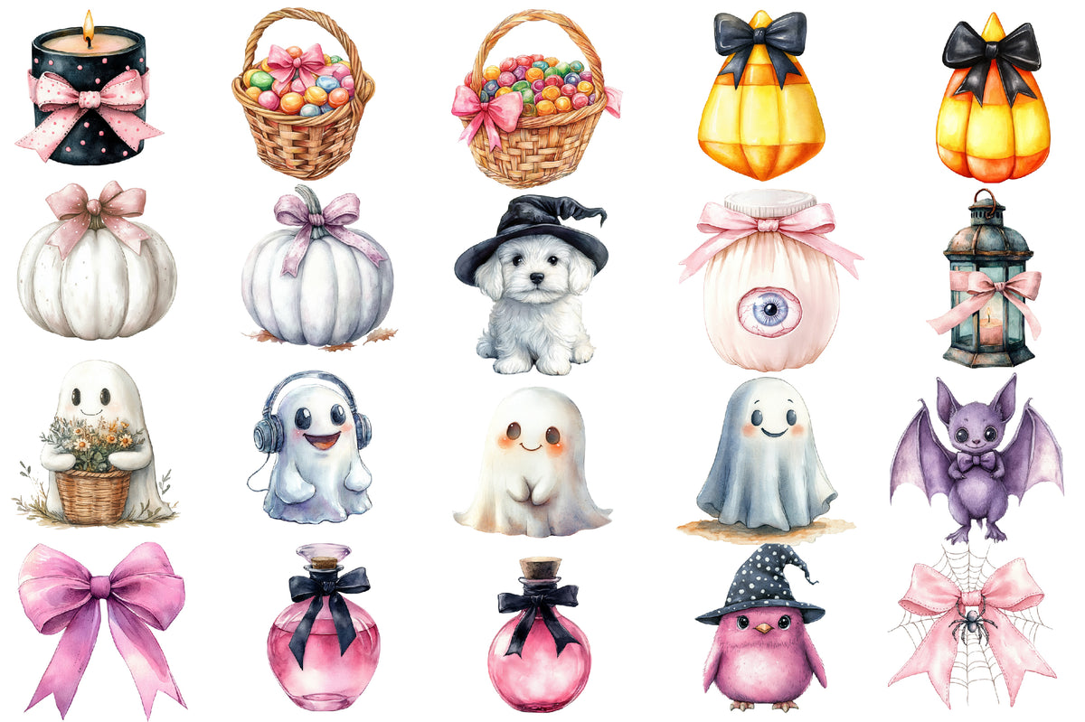 Pastel Halloween Clipart PNG Bundle | Cute Ghosts, Bats, Owl & Halloween Animals