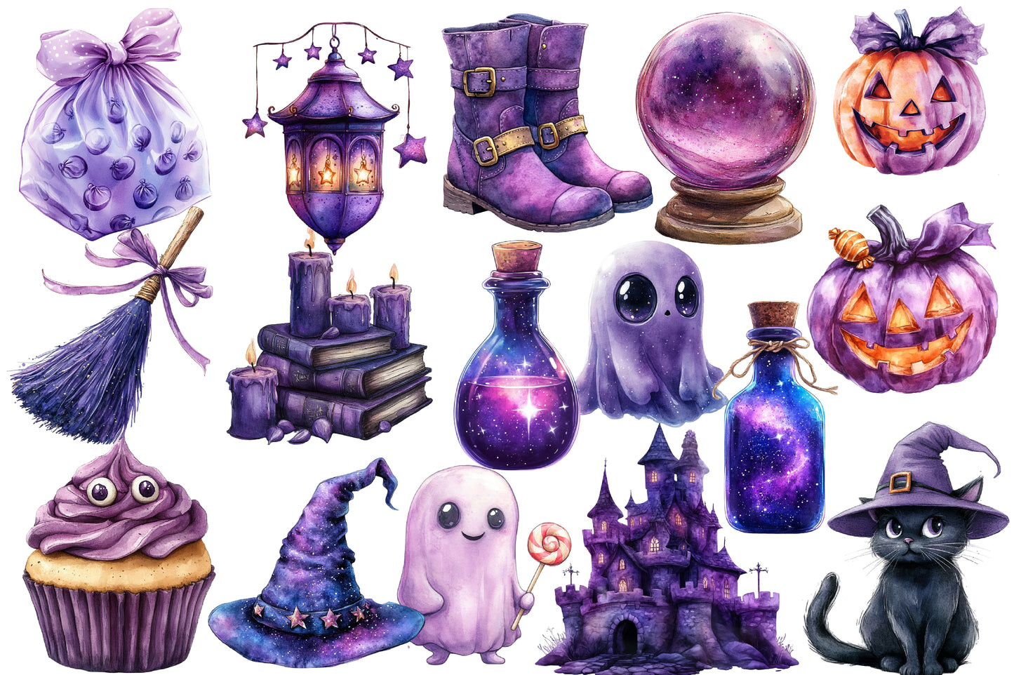 Purple Halloween Watercolor Clipart PNG Bundle | Cute Purple Halloween Clipart | Purple Halloween Sublimation PNG
