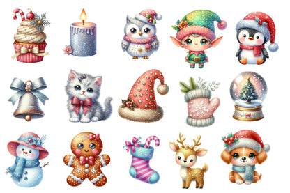 Glitter Cute Christmas Watercolor Clipart PNG Bundle | Cute Christmas PNG | Glitter Christmas Sublimation