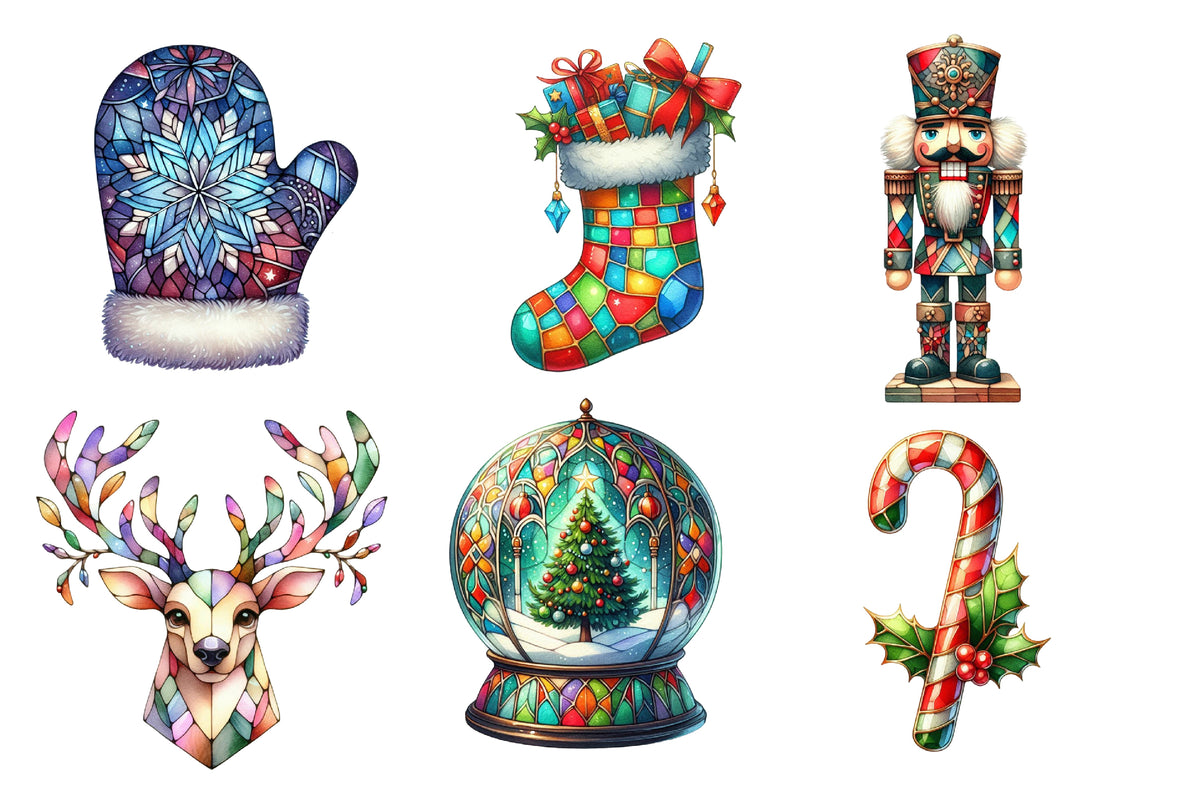 Christmas Stained Glass PNG Bundle | Watercolor Stained Glass Christmas Clipart | Festive Holiday Window Sublimation PNG