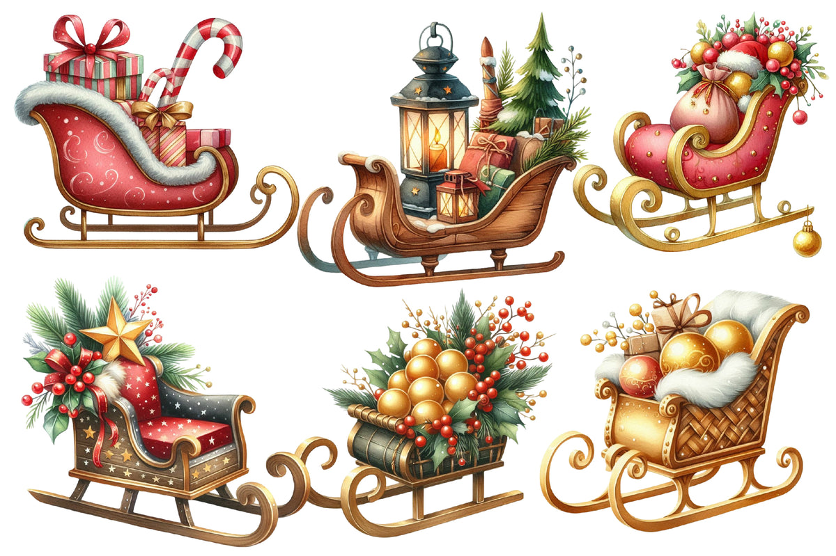 Christmas Sleigh Sublimation Clipart PNG Bundle | Watercolor Santa Sleigh Christmas Clipart | Festive Holiday Sleigh PNG