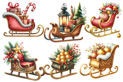 Christmas Sleigh Sublimation Clipart PNG Bundle | Watercolor Santa Sleigh Christmas Clipart | Festive Holiday Sleigh PNG