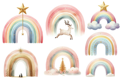 Christmas Pastel Rainbows Clipart PNG Bundle | Watercolor Pastel Christmas Rainbow Clipart | Cute Holiday Sublimation PNG