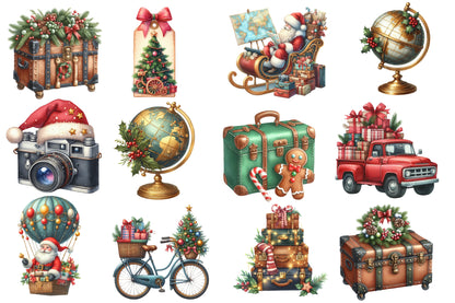 Christmas Travel Watercolor Clipart PNG Bundle | Cute Holiday Travel Watercolor Clipart | Christmas Vacation Sublimation PNG