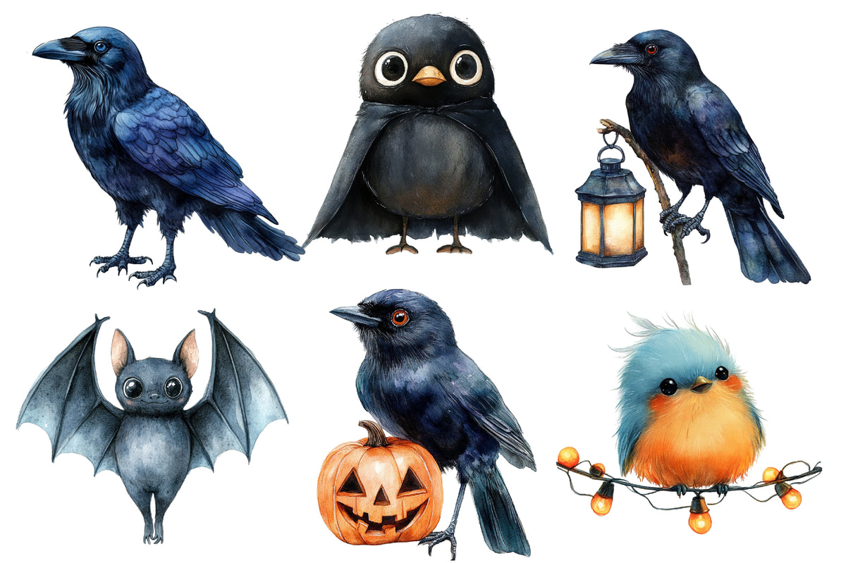Halloween Birds Clipart PNG Bundle | Spooky Owls, Crows, Ravens, Bats & Witch Bird PNG