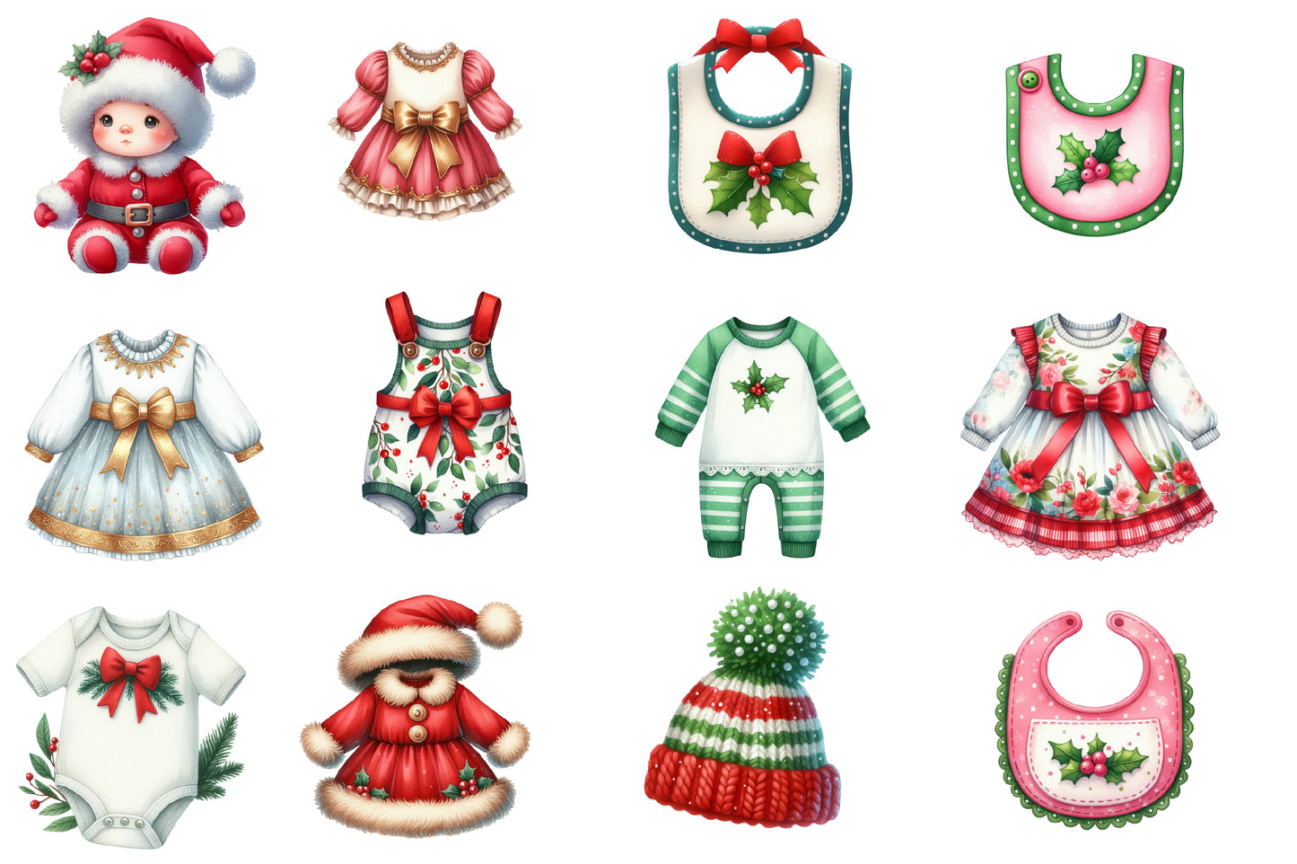 Christmas Baby Clothes Clipart PNG Bundle | Watercolor Cute Baby Outfit Clipart | Holiday Baby Clothing PNG