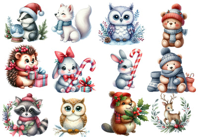 Christmas Animals Sublimation Clipart PNG Bundle | Watercolor Cute Holiday Animal Clipart | Festive Christmas Animals PNG