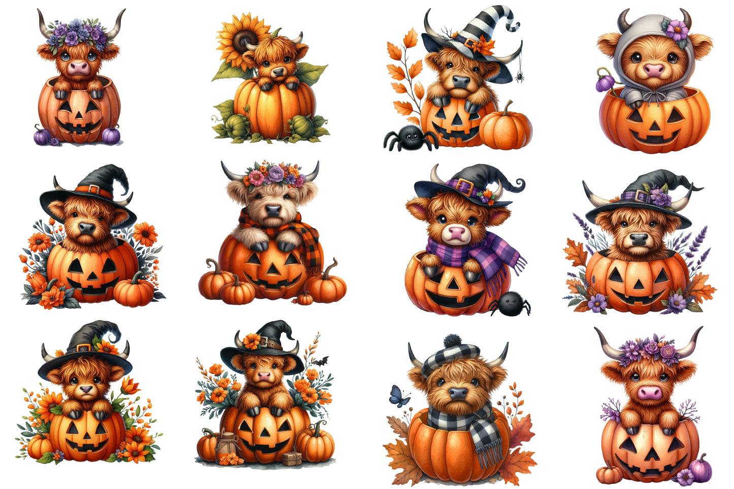 Halloween Highland Cow Clipart PNG | Cute Highland Cow Pumpkin PNG, Fall Cow Clipart,