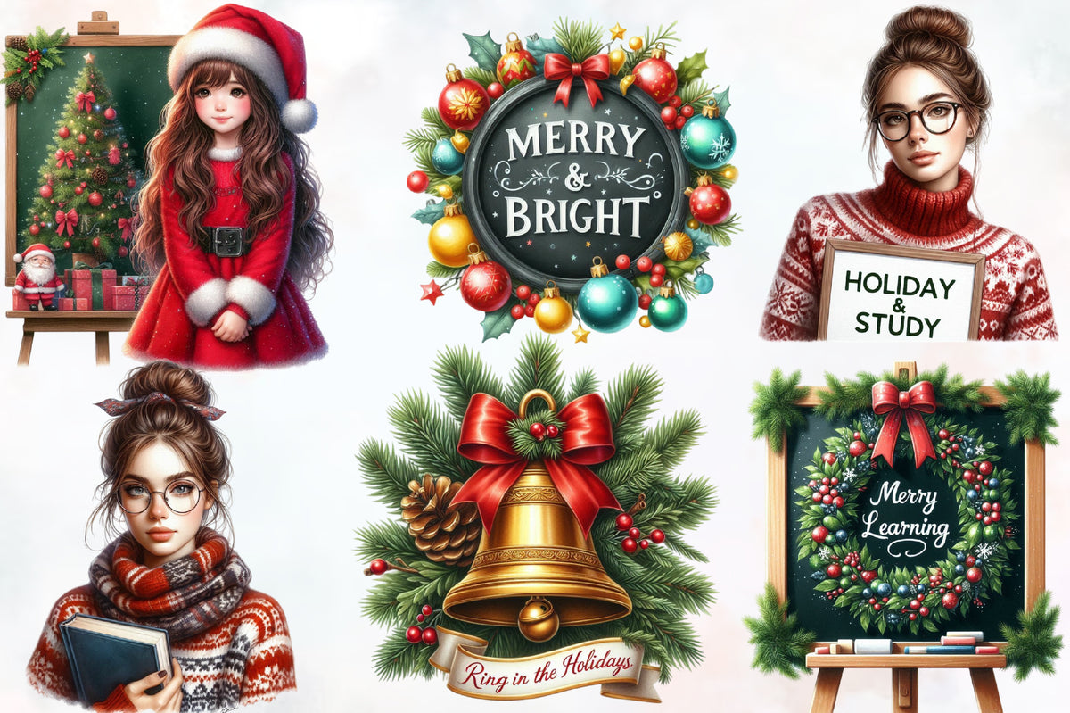 23 Christmas School PNG Bundle, Watercolor Teacher Student Holiday Sublimation
