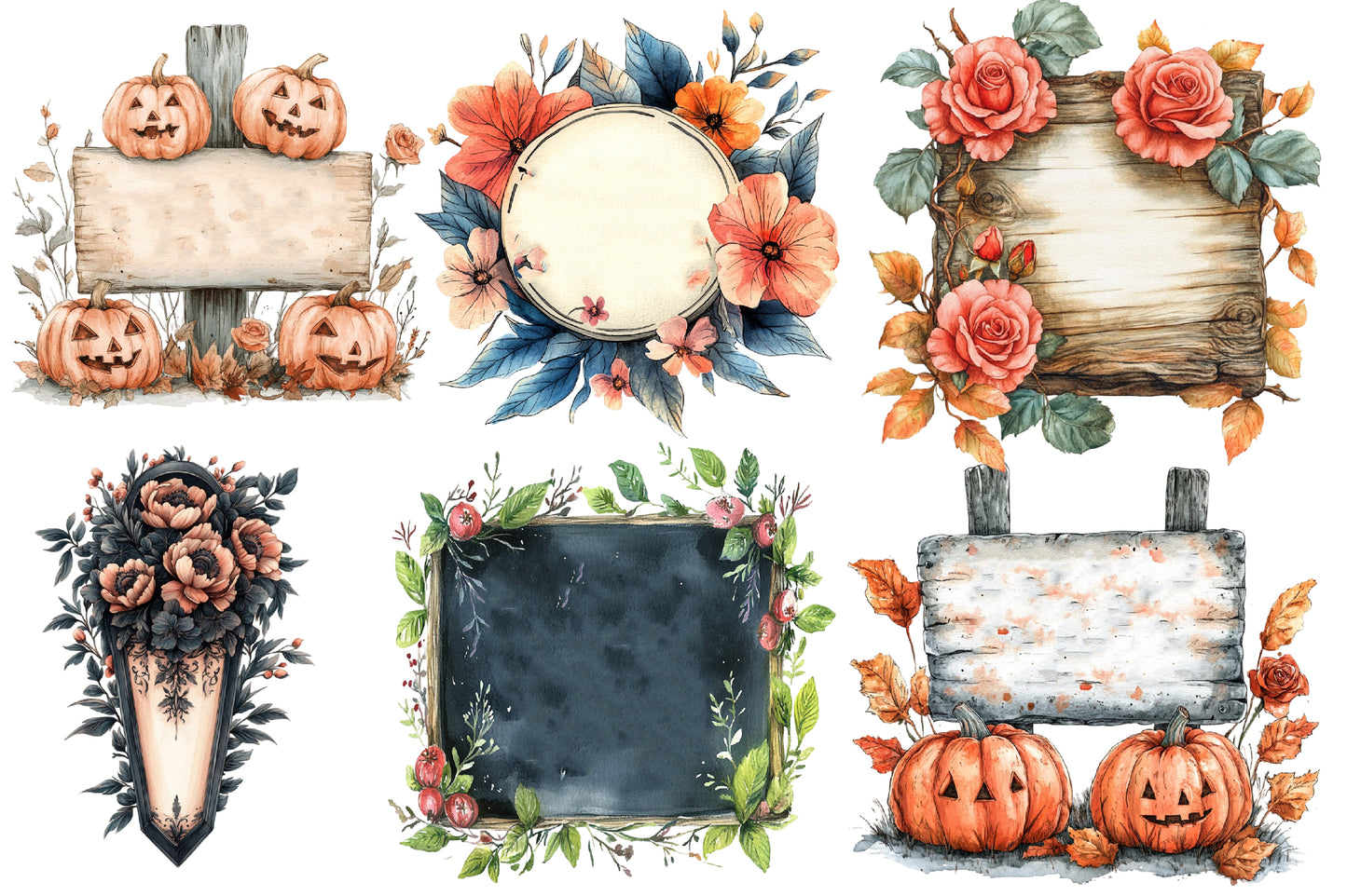 Halloween Floral Signs Clipart PNG | Rustic Wood Sign, Pumpkin & Rose Floral Frames,