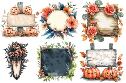 Halloween Floral Signs Clipart PNG | Rustic Wood Sign, Pumpkin & Rose Floral Frames,
