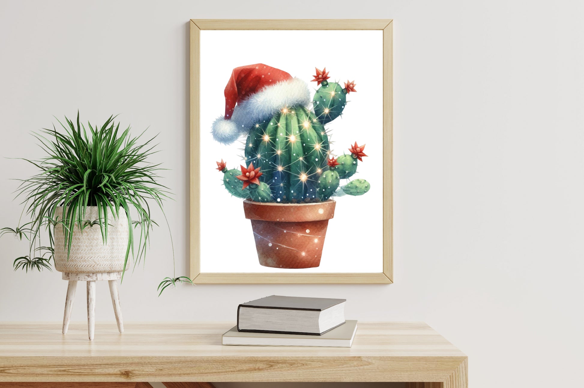 Christmas Cactus PNG Clipart Bundle | Watercolor Christmas Cactus with Santa Hats, Lights, Holly & Holiday Decor