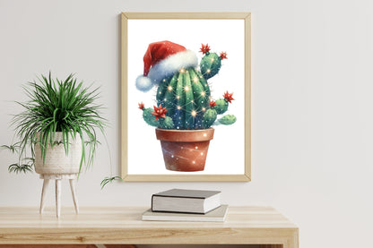 Christmas Cactus PNG Clipart Bundle | Watercolor Christmas Cactus with Santa Hats, Lights, Holly & Holiday Decor