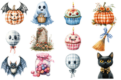 Gingham Halloween Clipart PNG Bundle | Plaid Pumpkin PNG, Gingham Ghost Clipart,