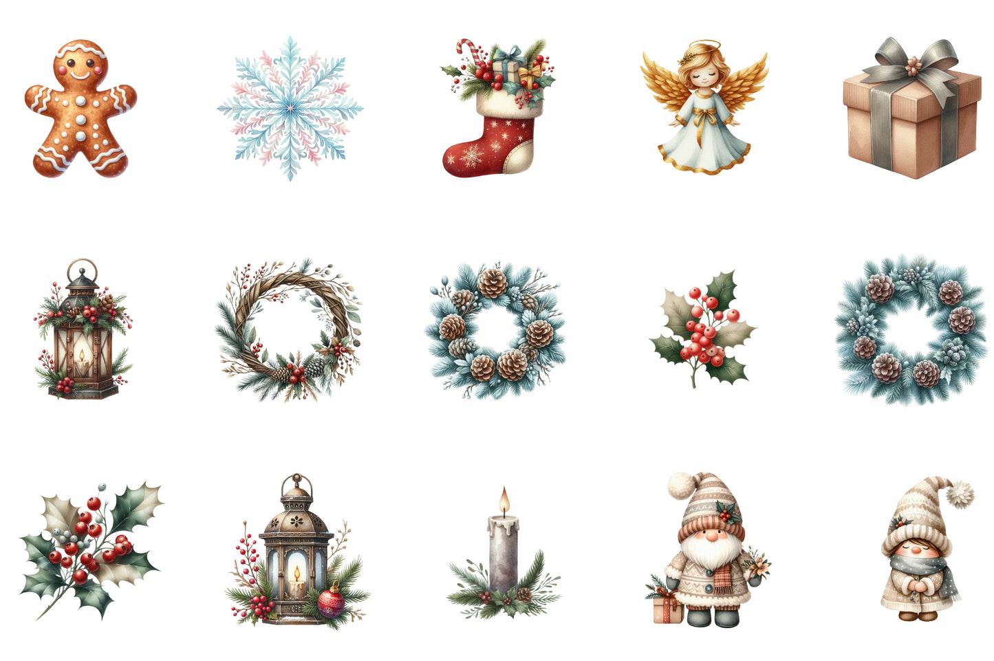 Watercolor Neutral Christmas Clipart PNG Bundle | Cozy Winter Christmas Clipart | Scandinavian Holiday PNG